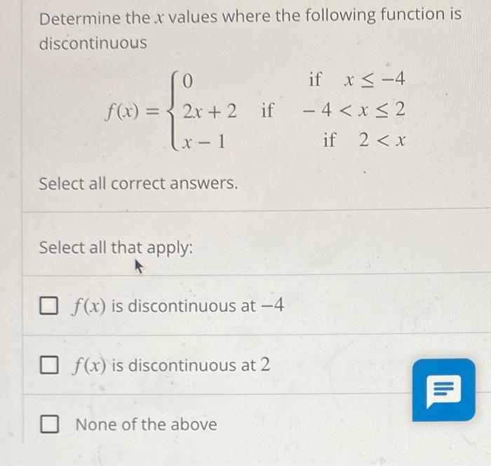 Solved Determine the x values where the following function | Chegg.com