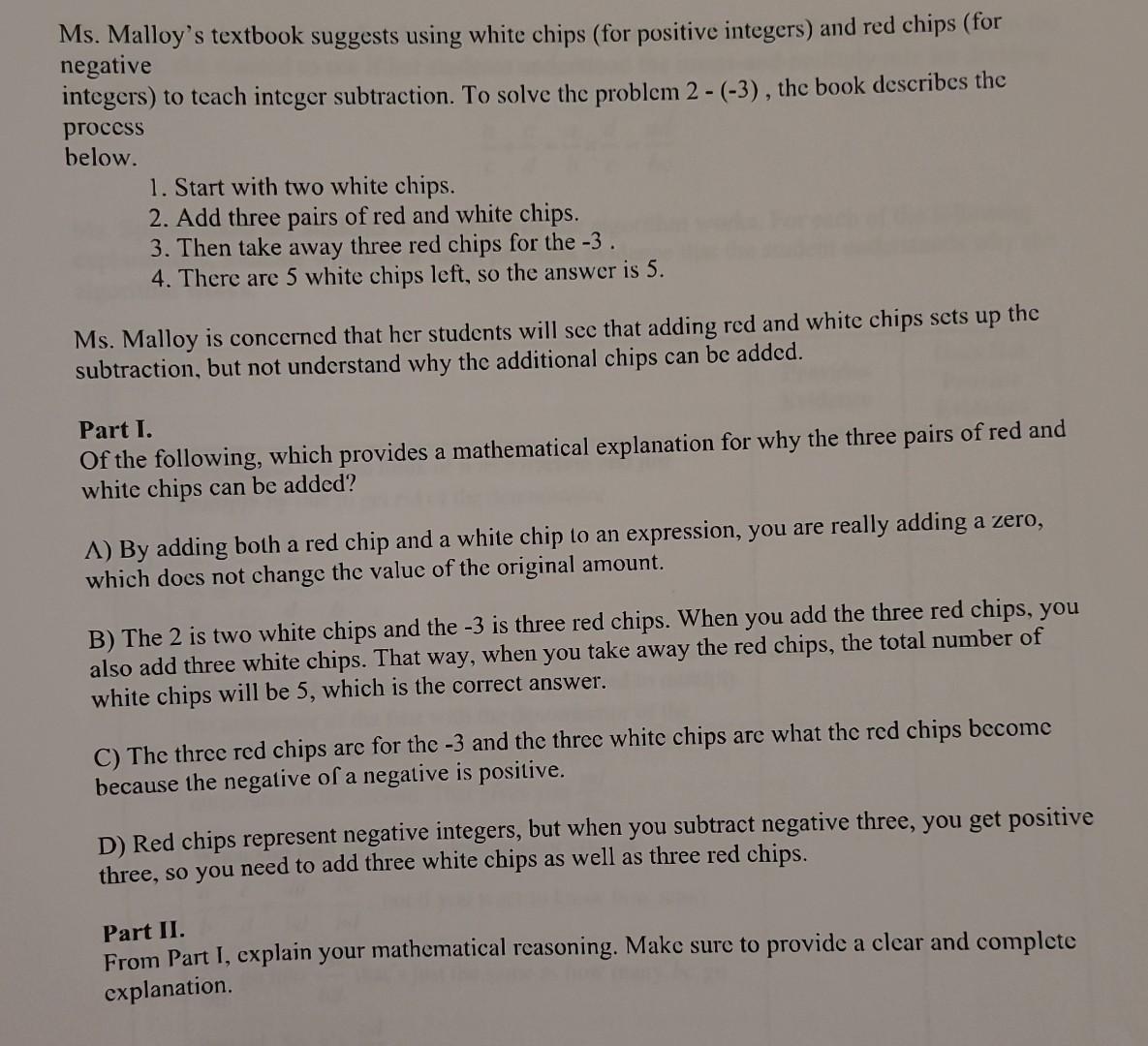 Solved Ms. Malloy's textbook suggests using white chips (for | Chegg.com