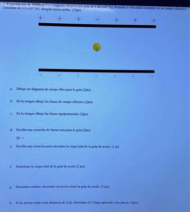 2. Experimento de Millikan Un estudiante observa una gota de \( 1.44 \times 10^{14} \mathrm{~kg} \) flotando a velocidad cons