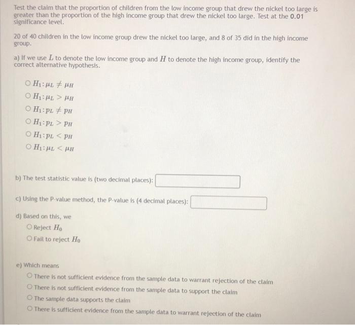 Solved Test the claim that the proportion of children from | Chegg.com
