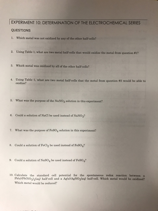 Experiment 10 Determination Of The Electrochemical Chegg 