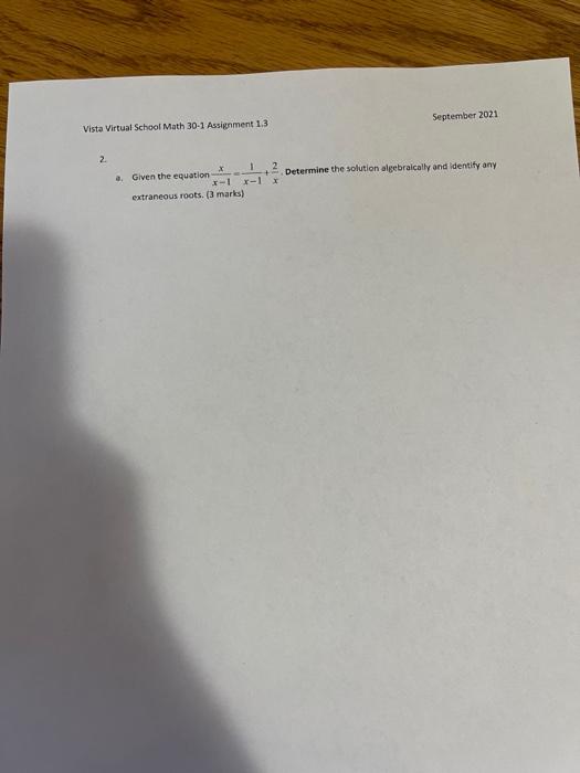 September 2021 Vista Virtual School Math 30-1 | Chegg.com
