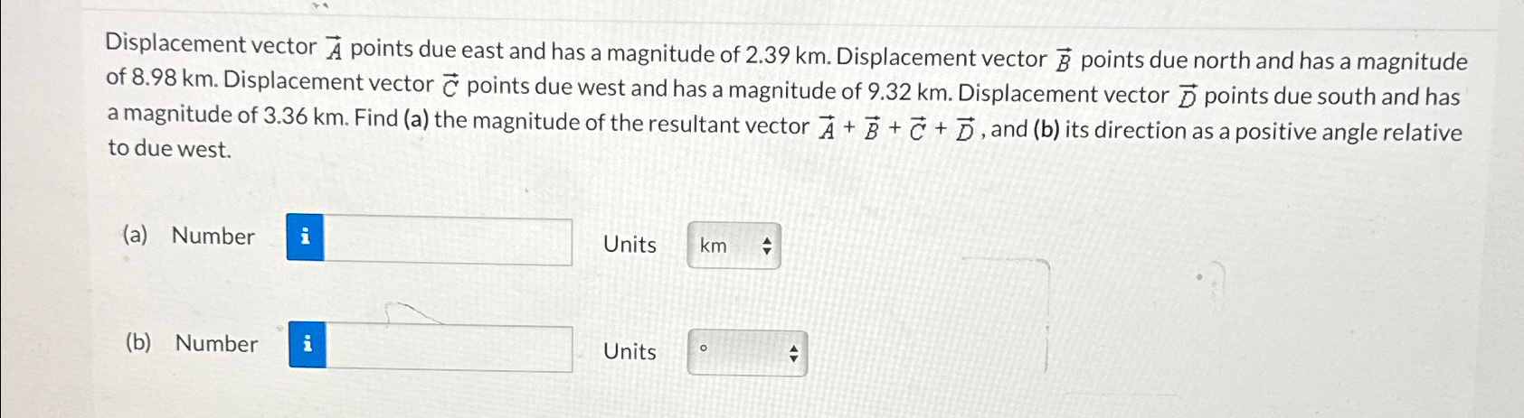 Solved Displacement vector vec(A) ﻿points due east and has a | Chegg.com