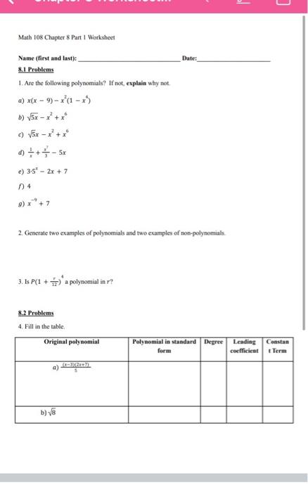 Solved C Math 108 Chapter 8 Part I Worksheet Date: Name | Chegg.com