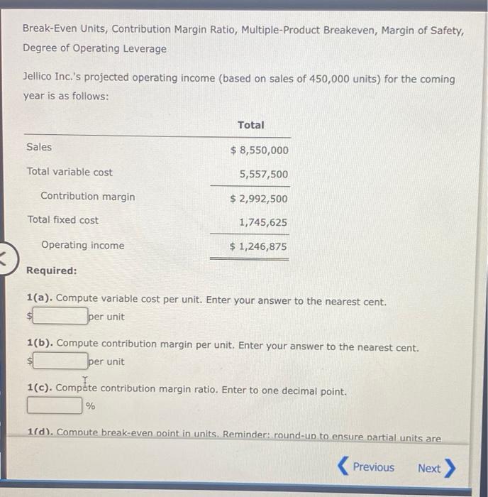 Solved Break-Even Units, Contribution Margin Ratio, | Chegg.com