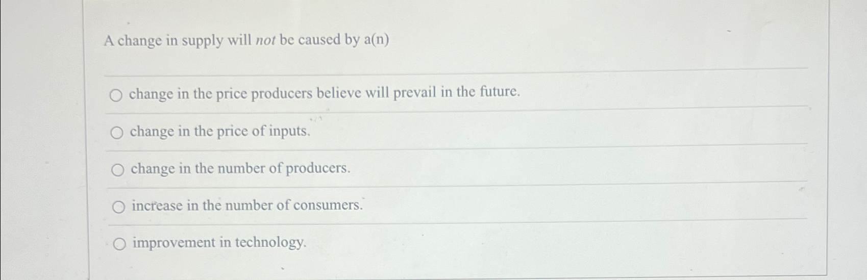 Solved A change in supply will not be caused by a(n)change | Chegg.com