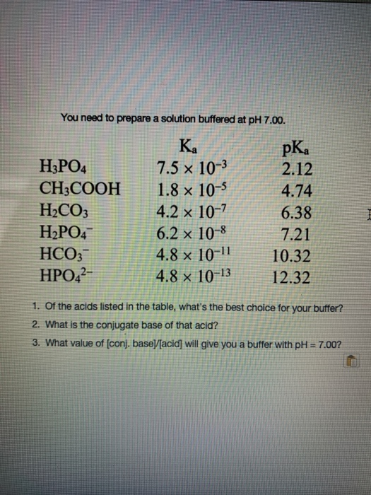 Solved You need to prepare a solution buffered at pH 7.00. | Chegg.com