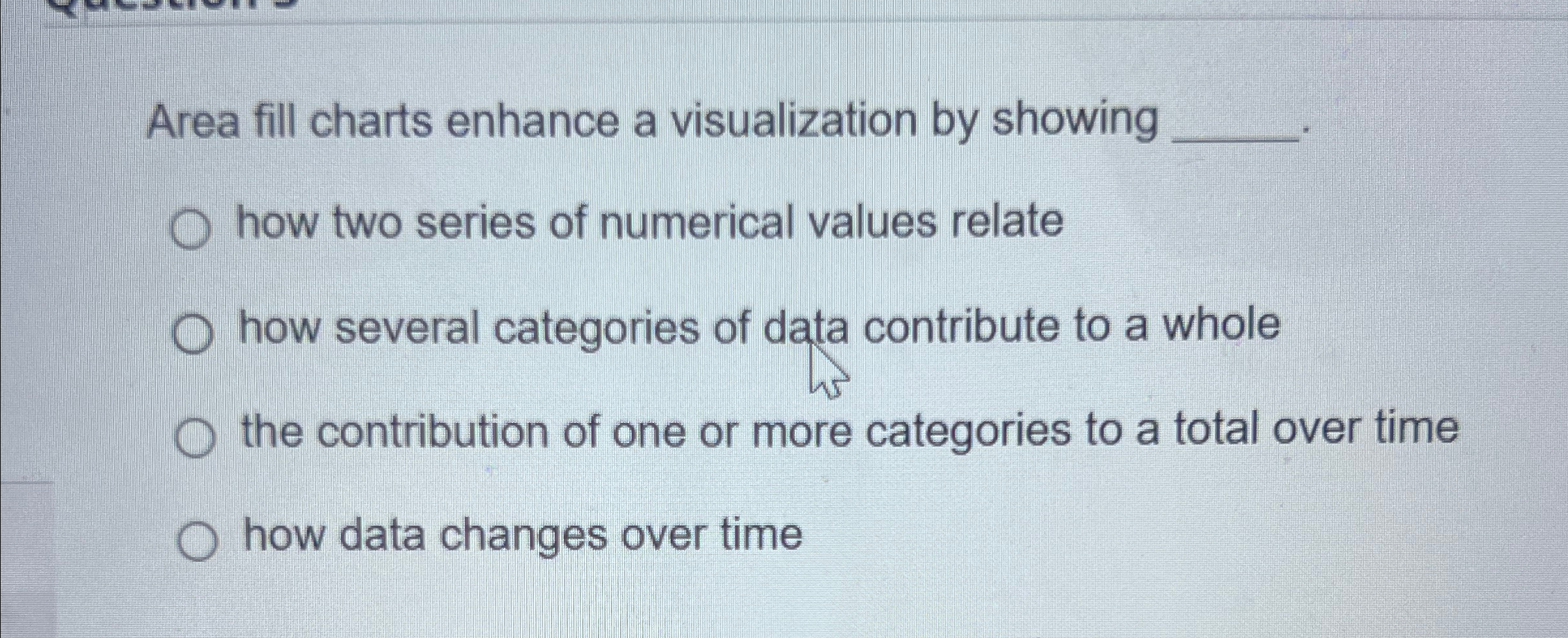 Solved Area fill charts enhance a visualization by | Chegg.com