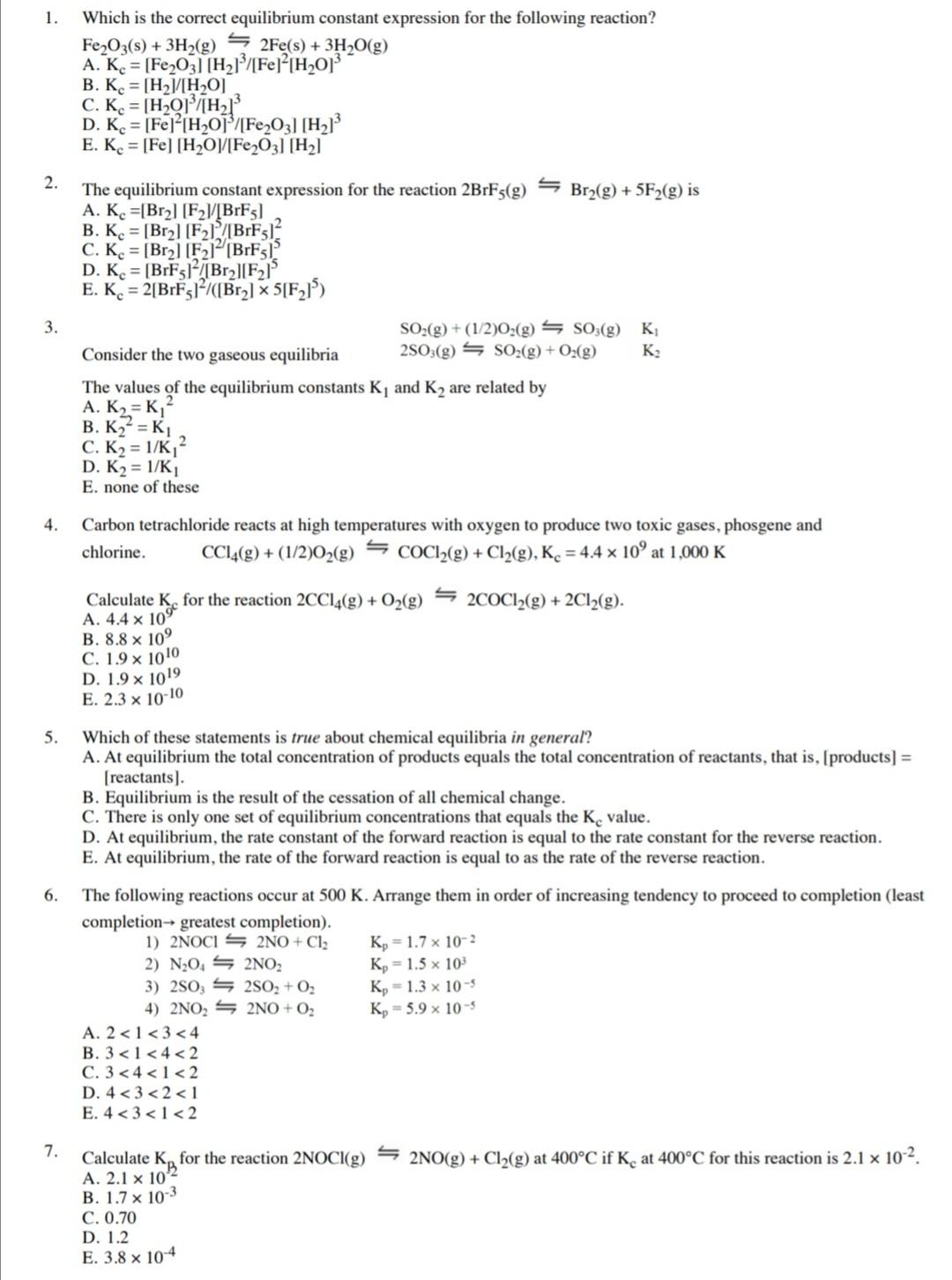 Solved 1 Which Is The Correct Equilibrium Constant Expre Chegg Com