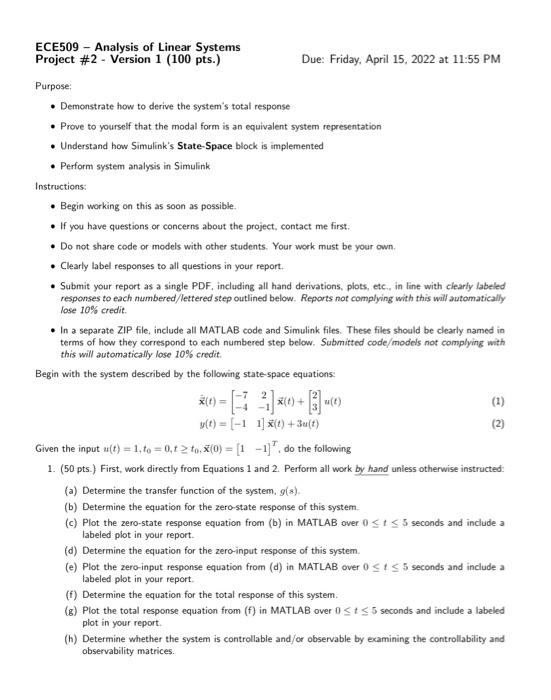 ECE509 - Analysis Of Linear Systems Project #2 - | Chegg.com