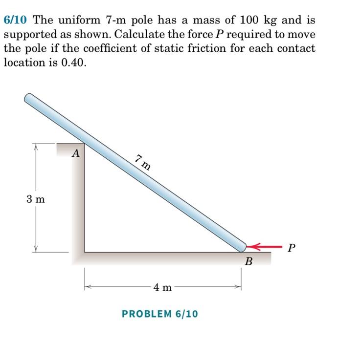 Solved 6/10 The uniform 7m pole has a mass of 100 kg and is