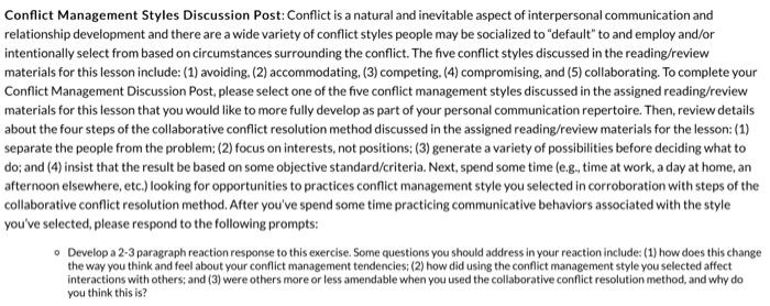 Conflict Management Styles Discussion Post: Conflict | Chegg.com