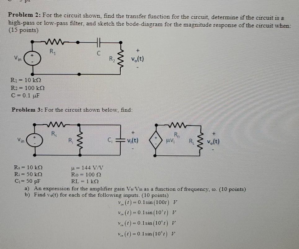 Solved Problem 2: For the circuit shown, find the transfer | Chegg.com