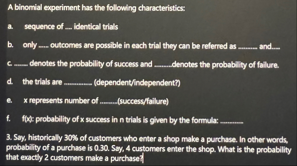 Solved A binomial experiment has the following | Chegg.com