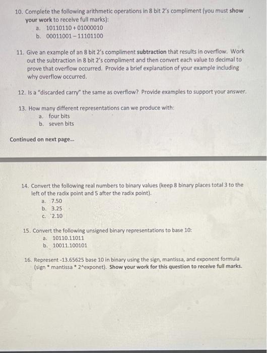 Solved 10. Complete the following arithmetic operations in 8 | Chegg.com