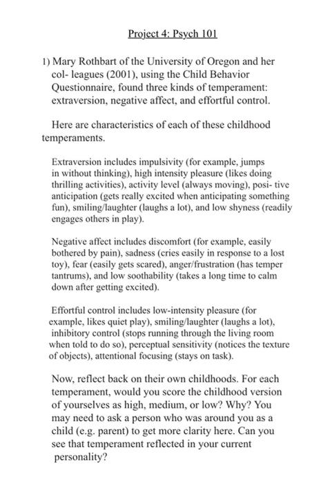 Solved Project 4: Psych 101 1) Mary Rothbart of the | Chegg.com