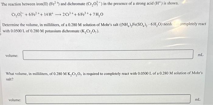 Solved Cr2O72−+6Fe2++14H+→2Cr3++6Fe3++7H2O Determine the | Chegg.com