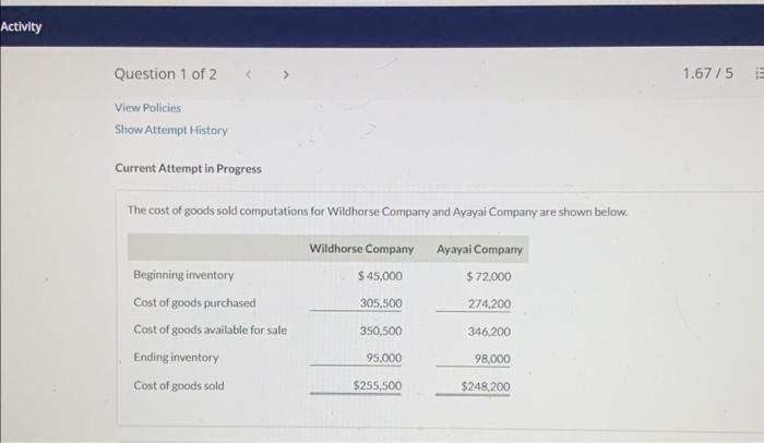 Solved Activity Question 1 of 2 View Policies Show | Chegg.com
