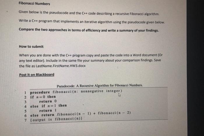 Solved Fibonacci Numbers Given below is the pseudocode and | Chegg.com