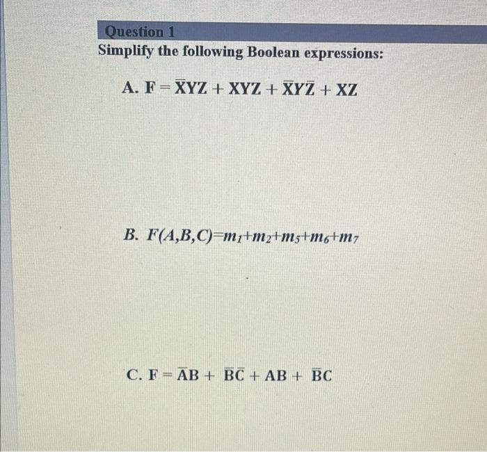 Solved Simplify The Following Boolean Expressions: A. | Chegg.com