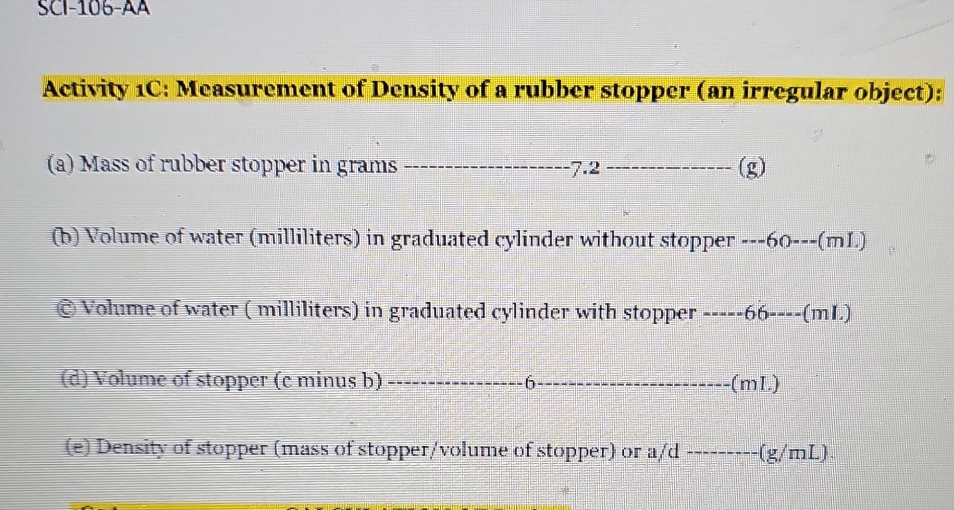 Solved Activity 1C Measurement of Density of a rubber
