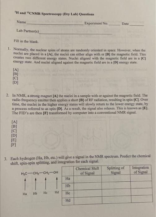 Solved 1H and 13 CNMR Spectroscopy (Dry Lab) Questions Name | Chegg.com