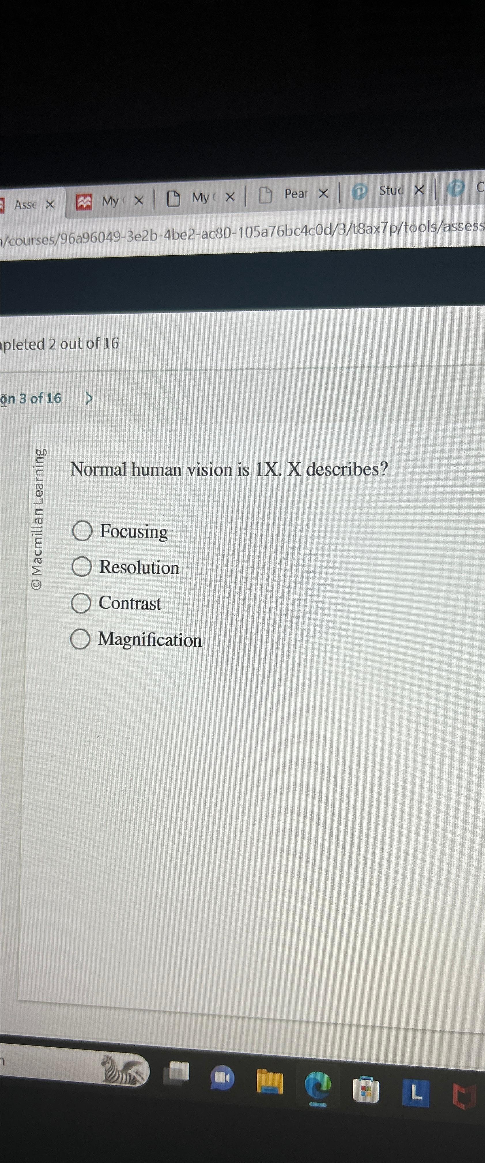 Solved pleted 2 ﻿out of 16en 3 ﻿of 16Normal human vision is | Chegg.com