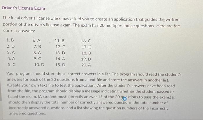 Solved Driver's License Exam The local driver's license | Chegg.com