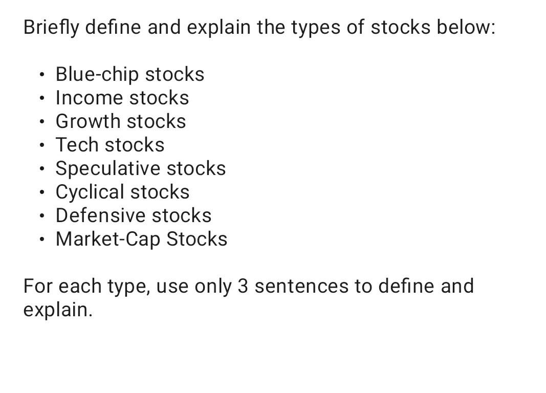 Solved Briefly define and explain the types of stocks below