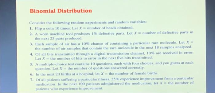 Solved Binomial Distribution Consider the following random | Chegg.com