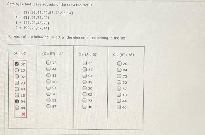 Solved Sets A, B, and Care subsets of the universal set U. U | Chegg.com