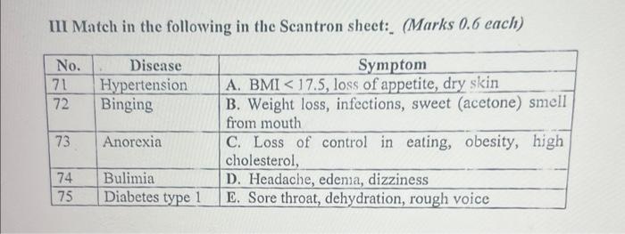 Solved III Match in the following in the Scantron sheet: | Chegg.com