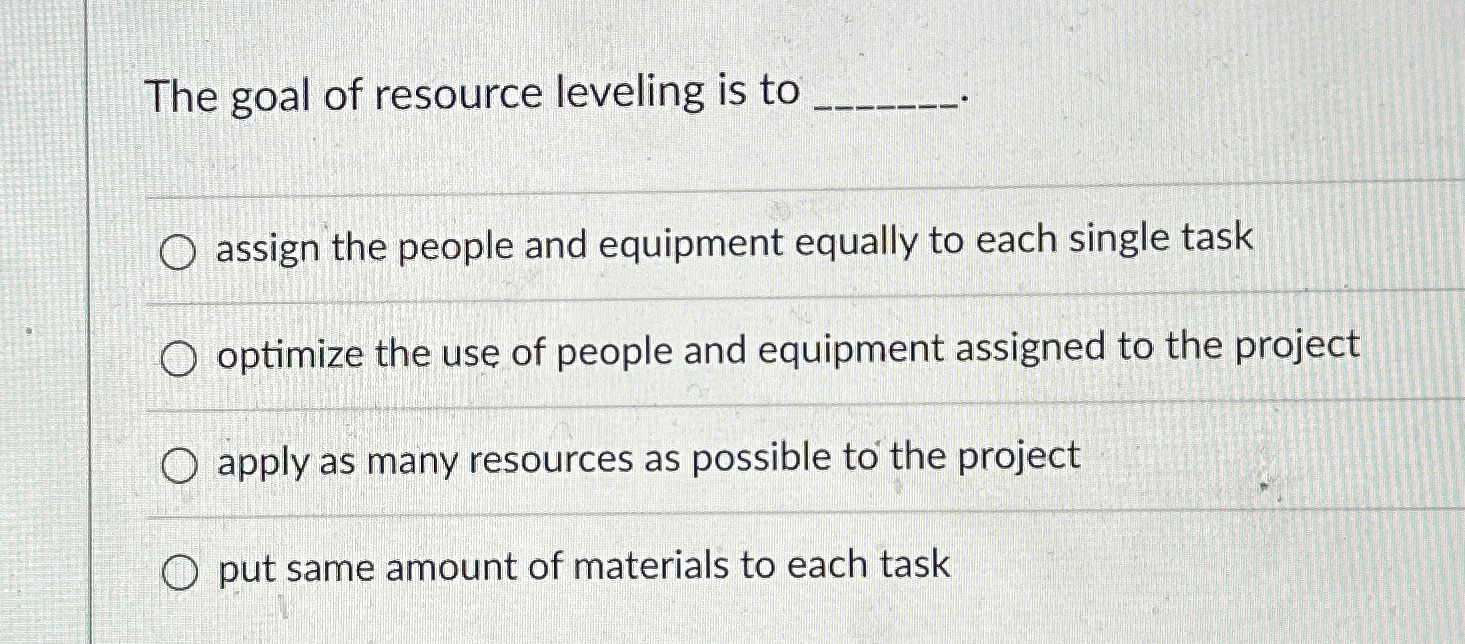 Solved The goal of resource leveling is toassign the people | Chegg.com