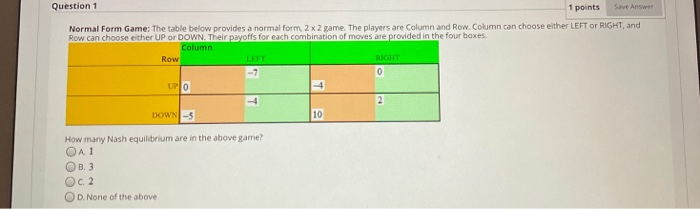 Solved Question 1 1 points Save Answer Normal Form Game: The | Chegg.com