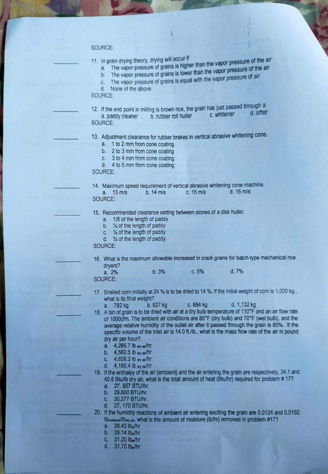 Solved Name: ABE 192-Agricultural Processing Questions | Chegg.com