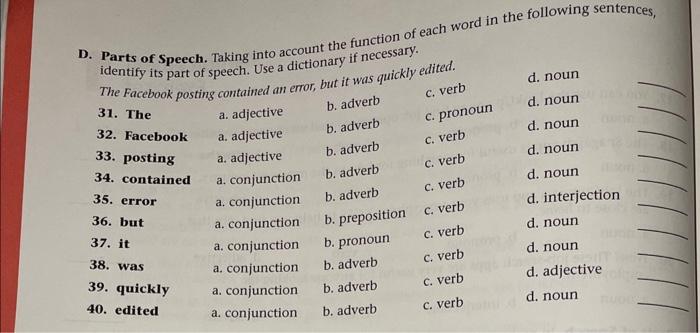 D. Parts of Speech. Taking into account the function | Chegg.com