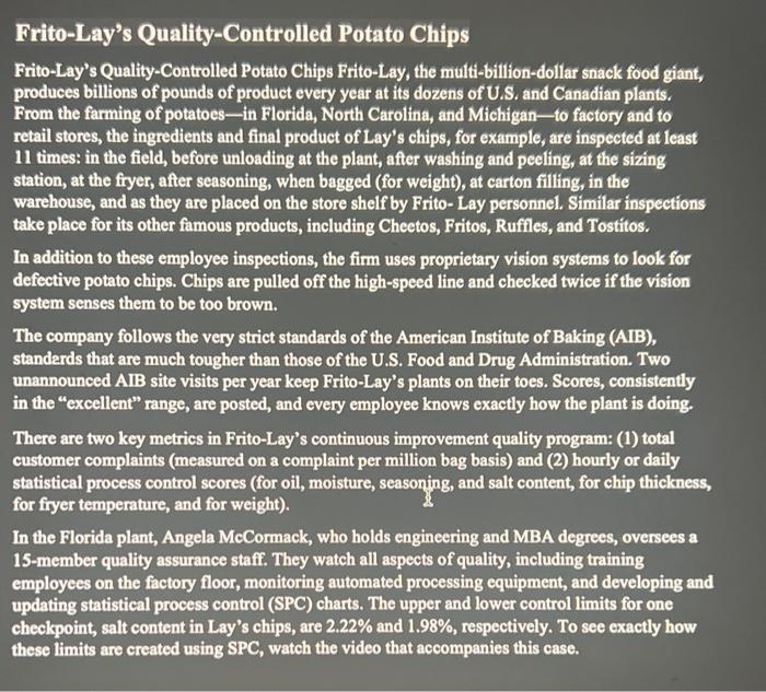 Solved Frito-Lay's Quality-Controlled Potato Chips | Chegg.com