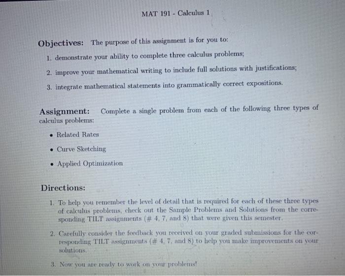 Solved MAT 191 - Calculus 1 Objectives: The purpose of this | Chegg.com