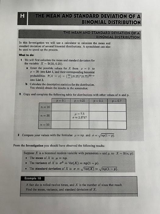 mean and standard deviation of binomial distribution worksheet