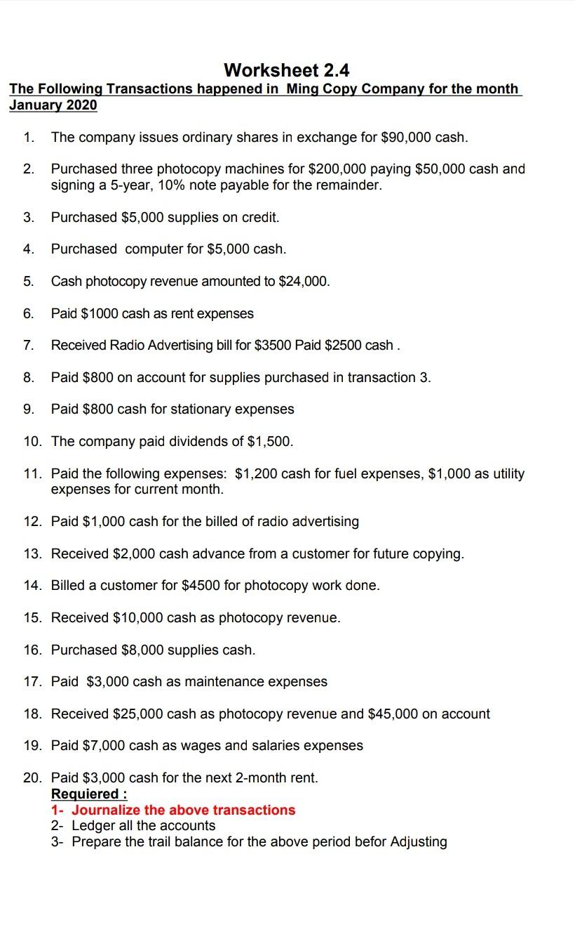 Solved Worksheet 2.4 The Following Transactions happened in | Chegg.com