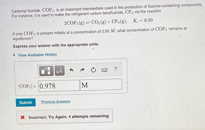 Solved Carbonyl fluoride, COF2, is an important intermediate | Chegg.com