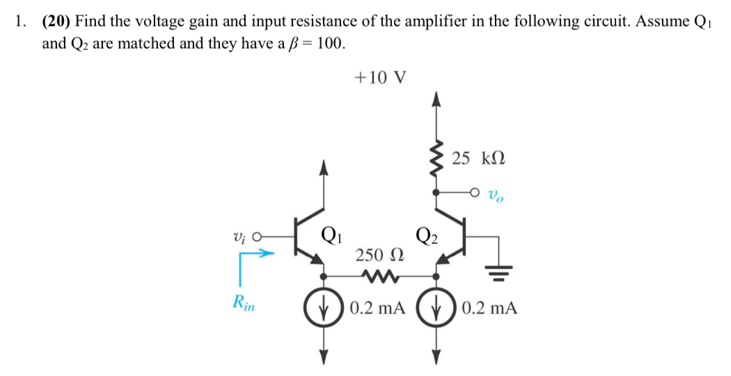Solved (20) ﻿Find the voltage gain and input resistance of | Chegg.com