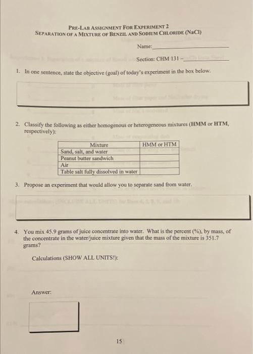 Solved PRE-LAB ASSIGNMENT FOR EXPERIMENT 2 SEPARATION OF A | Chegg.com