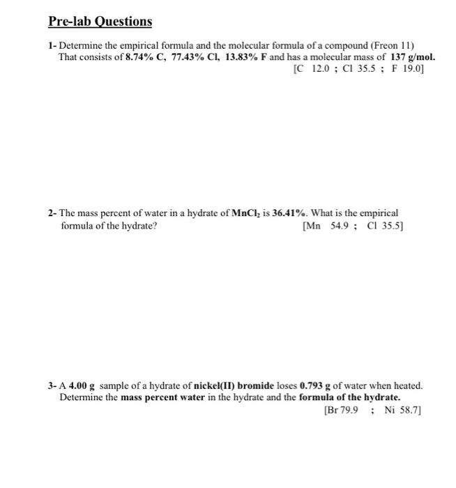 Solved Pre Lab Questions 1 Determine The Empirical Formula 5932