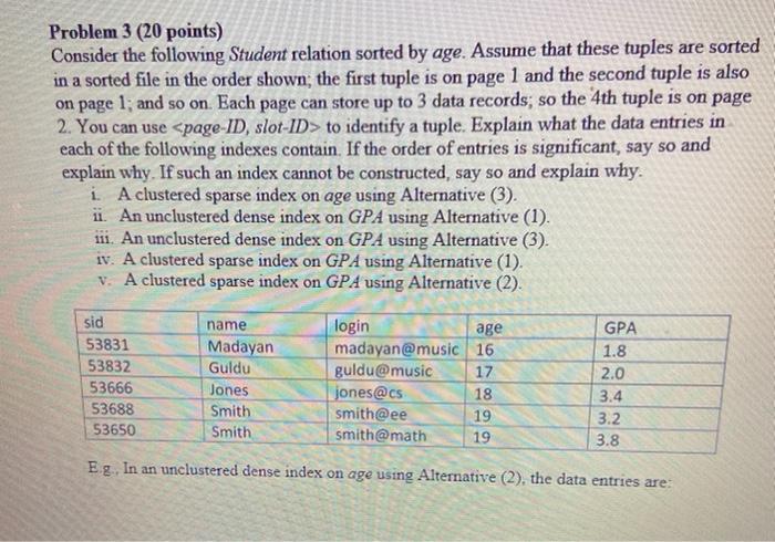 Problem 3 (20 points) consider the following student relation sorted by age. assume that these tuples are sorted in a sorted