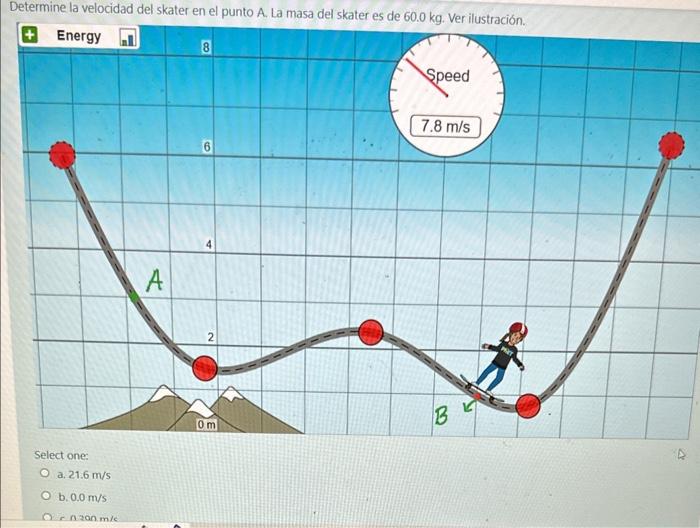 Determine la velocidad del skater en el punto A. La masa del skater es do fn n kn war iluet..nix. a. \( 21.6 \mathrm{~m} / \m