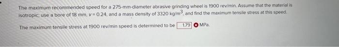 Solved The maximum recommended speed for a 275 -mm-diameter | Chegg.com