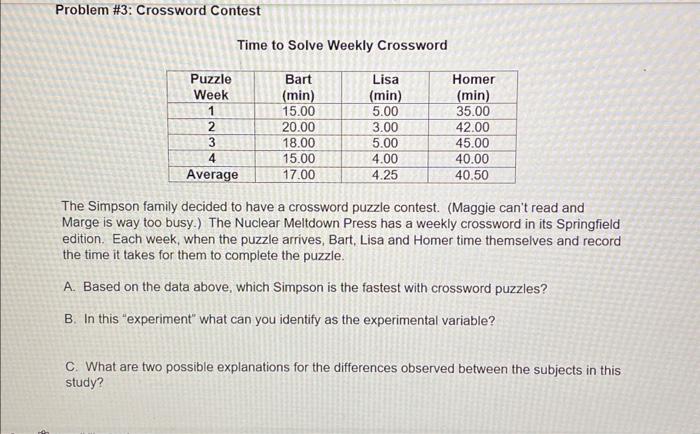 Solved Problem #3: Crossword Contest Time to Solve Weekly Chegg com