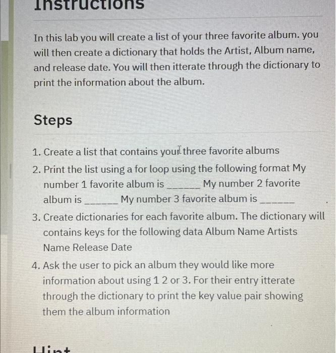 Solved This Is Pyton Lab For List And Dictinary Please Do It Chegg