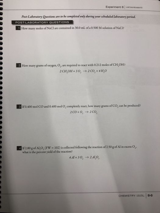 Solved Experiment 8 LIMITING REAGENTS Post-Laboratory | Chegg.com